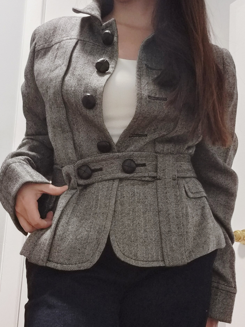 J. Crew WOOL Gray Herringbone Belted Blazer Jacket